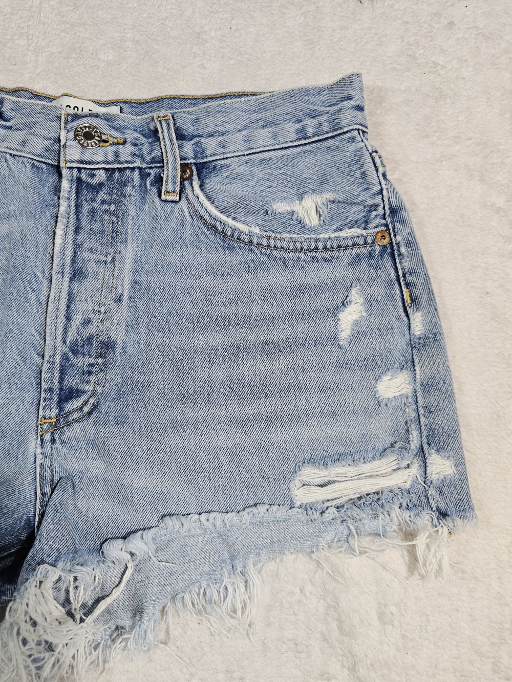 Agolde Light Blue Distressed High-Rise Denim Shorts. - Picture 2 of 9